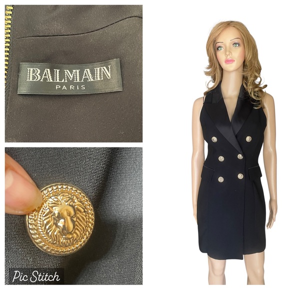 Balmain Double-Breasted Tuxedo Dress with Lion Buttons - Picture 1 of 15